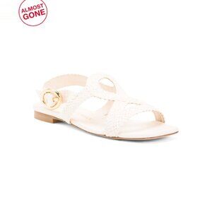 STUART WEITZMAN Seashell Made In Spain Leather Wovette Flat Sandals